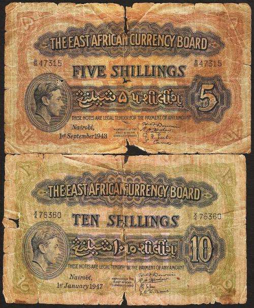East Africa 5 & 10 Shillings bank notes from the "George VI' issue