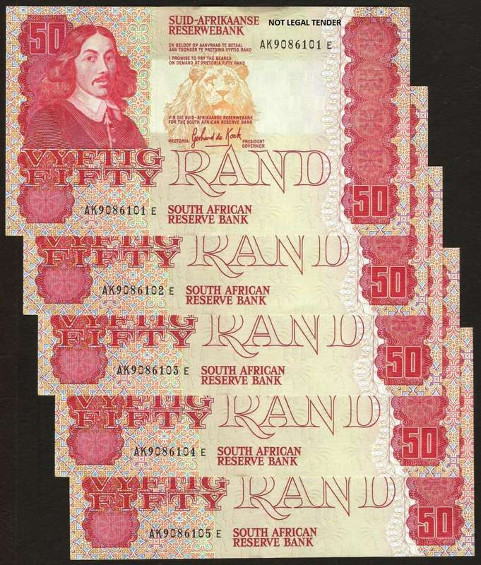 SA 50 Rand 1985 - G de Kock 3rd issue - VF/VF+ condition - 5 notes in sequence