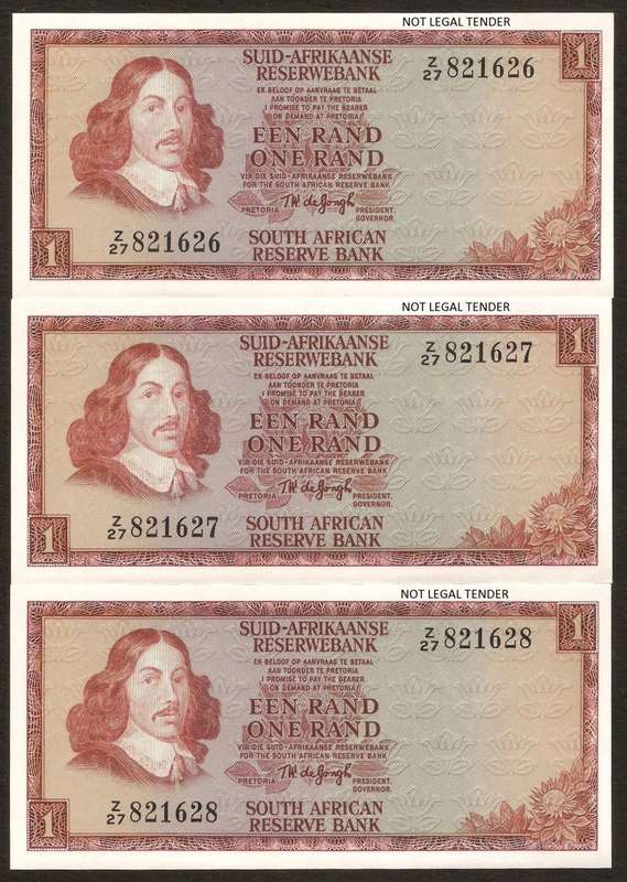 SA 1 Rand 1973 (TW de Jongh 2nd Issue) *Z27 Replacement* 3 notes in sequence - aUNC condition