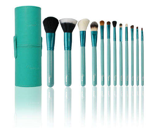 New Professional Makeup Brush Set 12 PCS Kit w/ Leather Blue Cup Holder Case