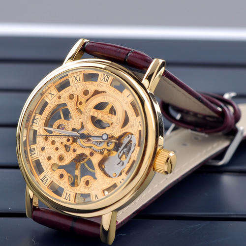 *Free Courier* Luxury Skeleton Gold Hand-Wind Mechancal Brown Leather Mens Sports Watch