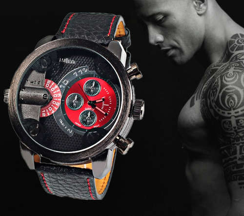 *Free Courier* Men Sports Watches with Double Movt Numbers & Strips  Round Dial Leather Band