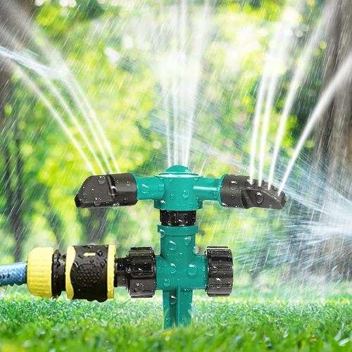 Garden Sprinkler ,360°Automatic Rotating Adjustable Lawn Sprinklers , Easy Hose Connection Spike Bas