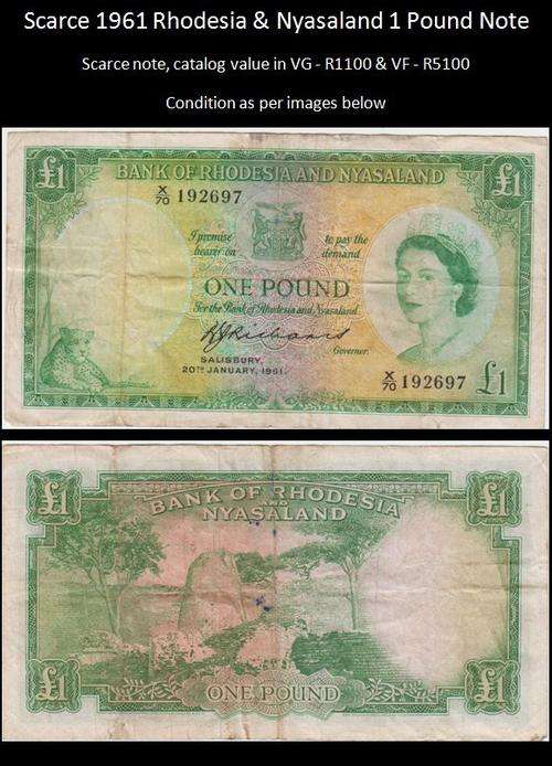 Scarce 1961 Rhodesia & Nyasaland 1 Pound Bank Note