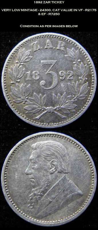 RARE 1892 ZAR KRUGER TICKEY - 24300 MINTED