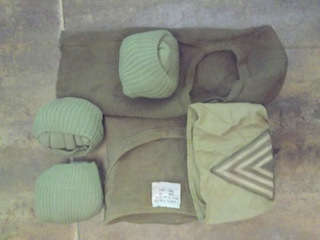 OLD SOUTH AFRICAN ARMY T SHIRT, (XL), 3 PAIRS LONG SOCKS, KNITTED BALAKLAVA AND SERGEANT STRIPES