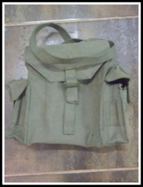 OLD SOUTH AFRICAN ARMY WEBBING BAG WITH SINGLE SHOULDER STRAP AMMO POUCHES ON EITHER SIDE  STRAP