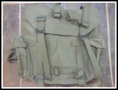 OLD SOUTH AFRICAN ARMY WEBBING RUCKSACK WITH SHOULDER STRAPS AND AMMO POUCHES ON EITHER SIDE