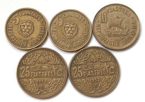 LEBANON 5 PIASTRES 1955 X 2, 10 PIASTRES 1955 AND 25 PIASTRES 1955 X 2 (5 COINS)