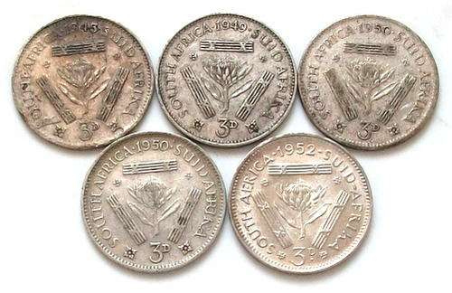 SOUTH AFRICA 1945, 1949, 1950 X 2 AND 1952  silver 3 pence (5 coins)