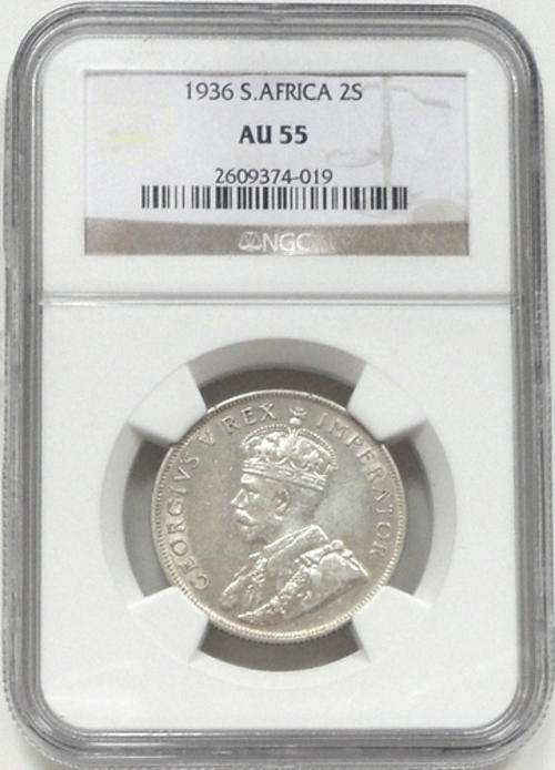 SOUTH AFRICA 1936 SILVER 2 SHILLING NGC AU55
