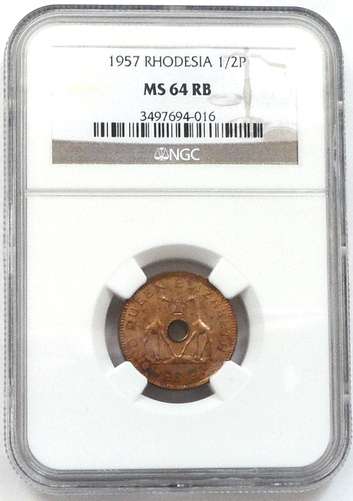 RHODESIA AND NYASALAND 1/2 PENNY 1957 NGC MS64 RB