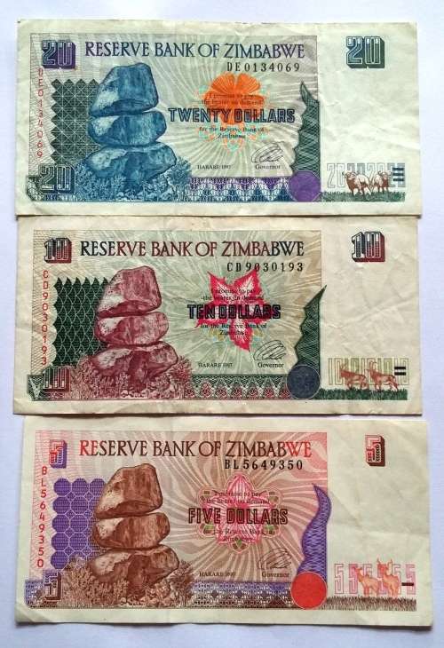 ZIMBABWE 1997 5 + 10 + 20 DOLLARS (3 NOTES)