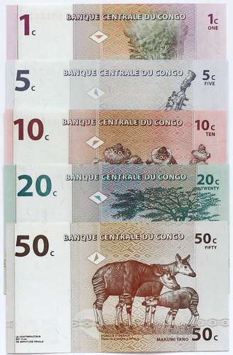CONGO 1997 UNC 1 + 5 + 10 + 20 + 50 CENTS (5 NOTES)