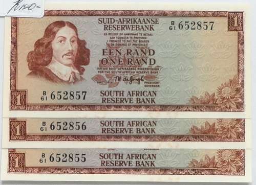 T W DE JONGH 1973 RAND UNC 2ND ISSUE (3 NOTES SEQUENCE)