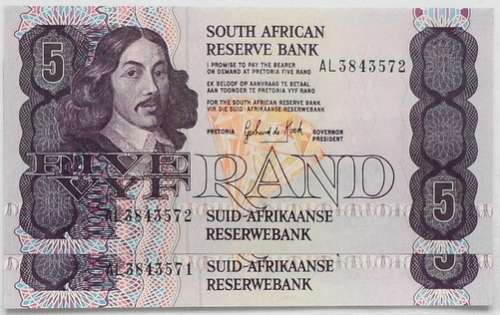 G P C DE KOCK 1989  5  RAND UNC 3RD ISSUE (2 NOTES SEQUENCE)