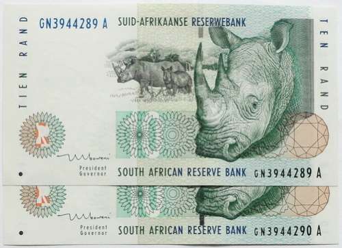 T MBOWENI 1999 1ST ISSUE 10 RAND UNC 2 NOTES SEQUENCE