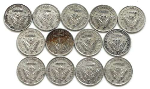 SOUTH AFRICAN SILVER 3 PENCE 1932 TO 1950 ALL DIFFERENT DATES (13 COINS)