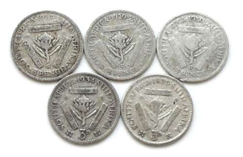 UNION SILVER 3 PENCE 1927 + 1929 + 1930 + 1934 + 1935 (5 COINS)