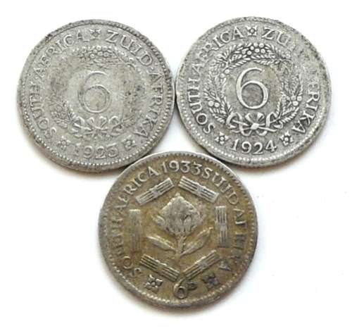 UNION SILVER 6 PENCE 1923 + 1924 + 1933 (3 COINS)
