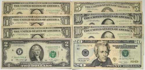 UNITES STATES 20 + 2 X 10 + 5 + 2 + 3 X 1 DOLLAR (8 NOTES) TOTAL $50