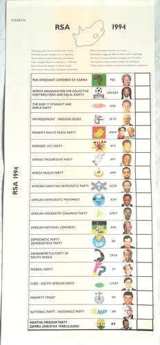 1994 R S A OFFICIAL BALLOT PAPER + IFP STICKER (8 BALLOTS) BID PER BALLOT