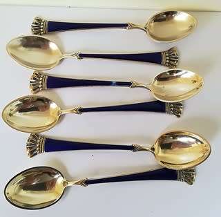 DENMARK STERLING SILVER AND ENAMEL GILT SET 6 DEMITASSE SPOONS 95 MM 55.2 GRAMS NICK ON ENAMEL