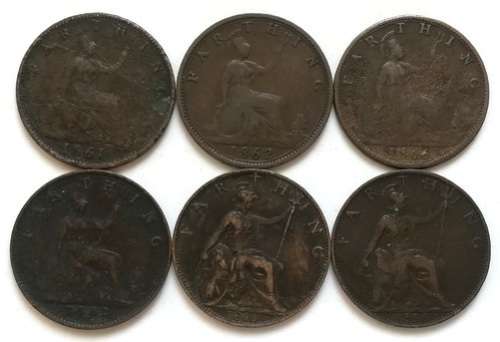 GREAT BRITAIN 1861+1862+1866+1881+ 2 X 1896 FARTHING (6 COINS)