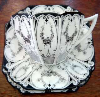 SHELLEY **RARE** 1925-1945 QUEEN ANN BLACK FLORAL GARLAND 7 X TRIOS (BID PER TRIO)