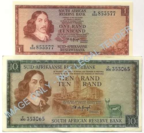 T W DE JONGH 1975 1 + 10 RAND 3RD ISSUE (2 NOTES)