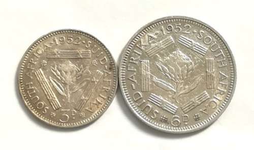 UNION 1952 SILVER 3 + 6 PENCE (2 COINS)