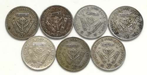 UNION 1939+1941+1943+1945+1947+1949+1950 3 PENCE (7 COINS)