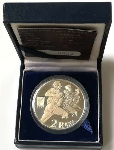 1995 2 RAND 1 OUNCE **SILVER** PROOF COIN "RUGBY"