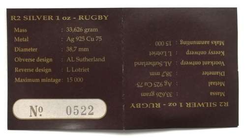 1995 2 RAND 1 OUNCE **SILVER** PROOF COIN "RUGBY"