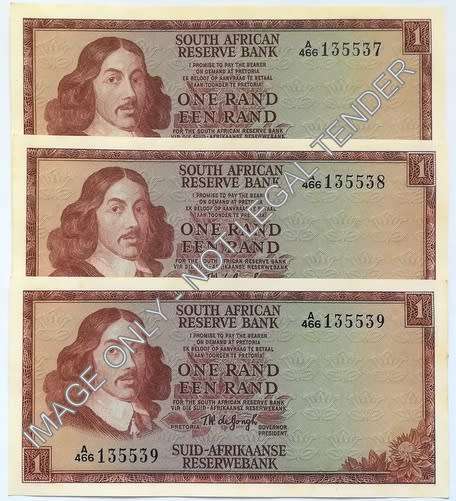 T W DE JONGH 1967 1 RAND VF+ 1ST ISSUE 3 NOTES SEQUENCE