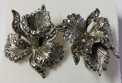 VINTAGE STERLING SILVER MARCASITE ORCHID  EARRINGS 25X20MM SCREW ON