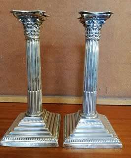 PAIR STERLING SILVER BIRMINGHAM 1902 CORINTHIAN COLUMN CANDLESTICKS 230MM SOME WEAR-SEE PHOTOS