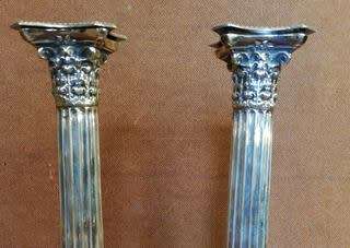 PAIR STERLING SILVER BIRMINGHAM 1902 CORINTHIAN COLUMN CANDLESTICKS 230MM SOME WEAR-SEE PHOTOS