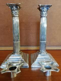 PAIR STERLING SILVER BIRMINGHAM 1902 CORINTHIAN COLUMN CANDLESTICKS 230MM SOME WEAR-SEE PHOTOS