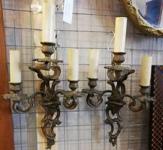 PAIR ORNATE CAST 3 BRANCH WALL SCONCES 400X220MM **WORKING**