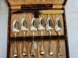 BOXED SET SILVER PLATED 6 X GRAPEFRUIT SPOONS AND BONE HANDLED GRAPEFRUIT KNIFE