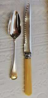 BOXED SET SILVER PLATED 6 X GRAPEFRUIT SPOONS AND BONE HANDLED GRAPEFRUIT KNIFE