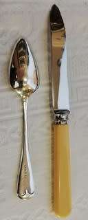 BOXED SET SILVER PLATED 6 X GRAPEFRUIT SPOONS AND BONE HANDLED GRAPEFRUIT KNIFE