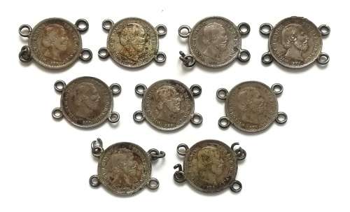 NETHERLANDS 1850+55+2X59+2X62+63+69+76 SILVER 5 CENTS **MOUNT FOR BRACELET**