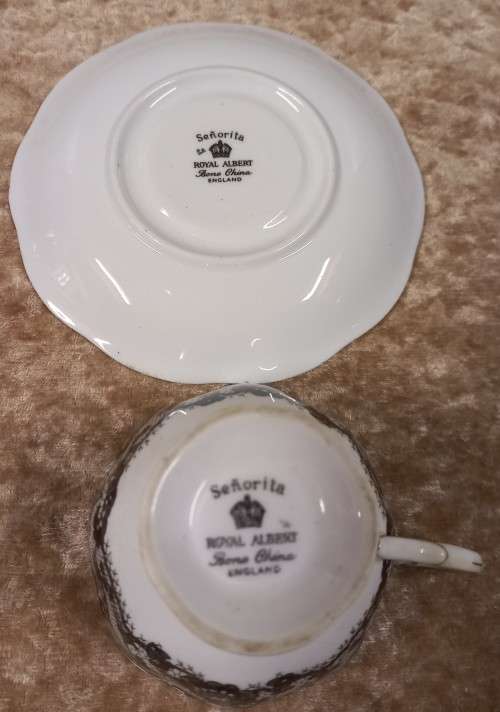 **RARE ** ROYAL ALBERT BONE CHINA ENGLAND  **SENORITA ** 3 X COFFEE CUPS AND SAUCERS **BID PER DUO**
