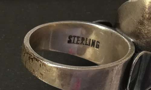 VINTAGE WW2 MID CENTURY MODERNIST STERLING SILVER + AMBER RING -SIZE **M**