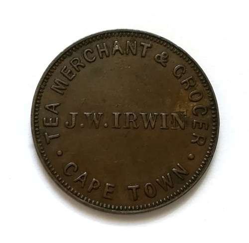 TOKEN 1879 CAPE OF GOOD HOPE J W IRWIN TEA MERCHANTS + GROCER 24MM