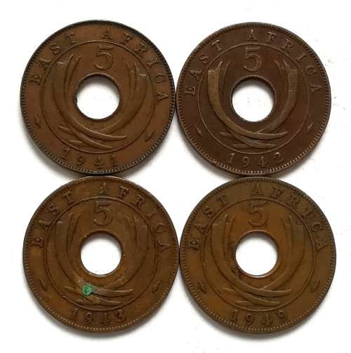 BRITISH EAST AFRICA 1941+1942+1943+1949 5 CENTS (4 COINS)