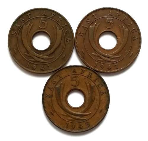 BRITISH EAST AFRICA 1941+1942+1943 5 CENTS (3 COINS)