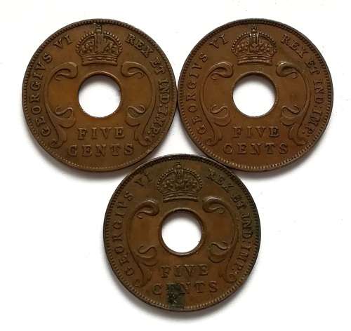BRITISH EAST AFRICA 1941+1942+1943 5 CENTS (3 COINS)